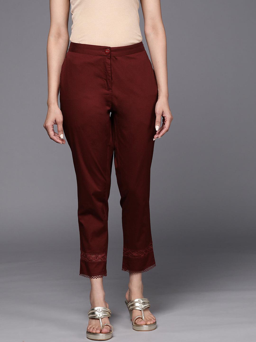 Maroon Solid Cotton Trousers - ShopLibas