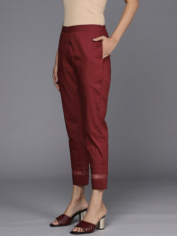 Maroon Solid Cotton Trousers - ShopLibas