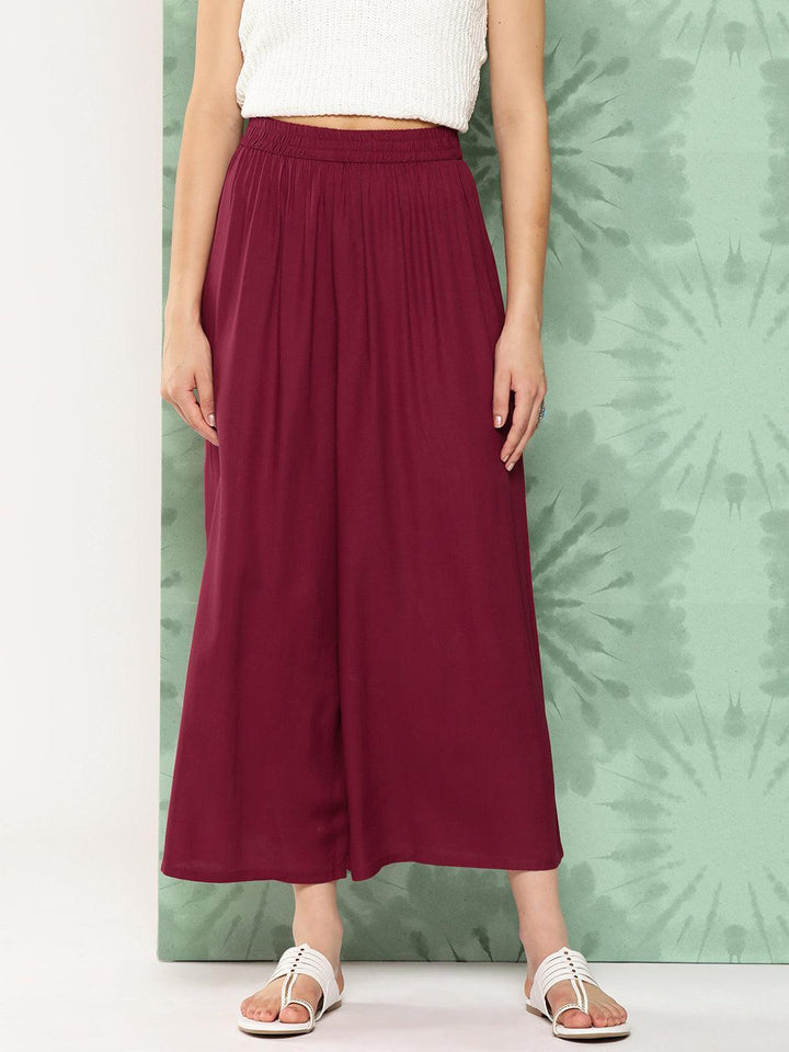 Maroon Solid Rayon Palazzos