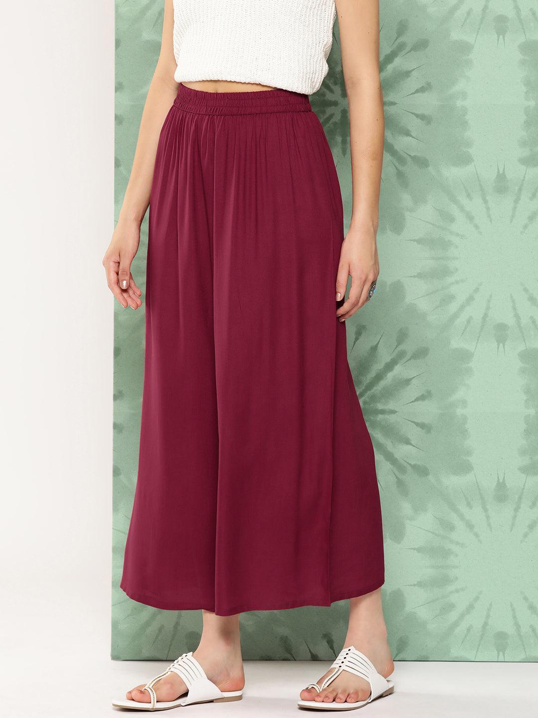 Maroon Solid Rayon Palazzos - Libas 