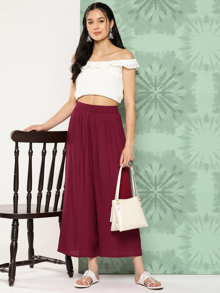 Maroon Solid Rayon Palazzos