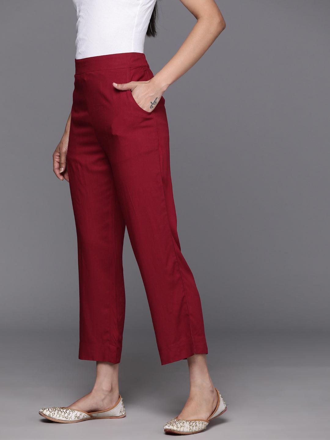 Maroon Solid Rayon Trousers - Libas 