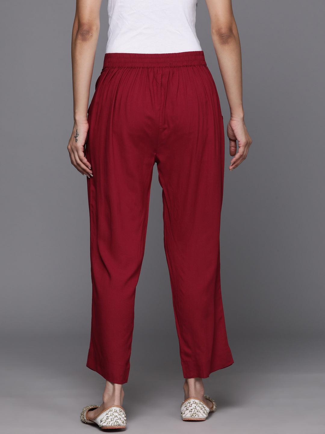 Maroon Solid Rayon Trousers - Libas 