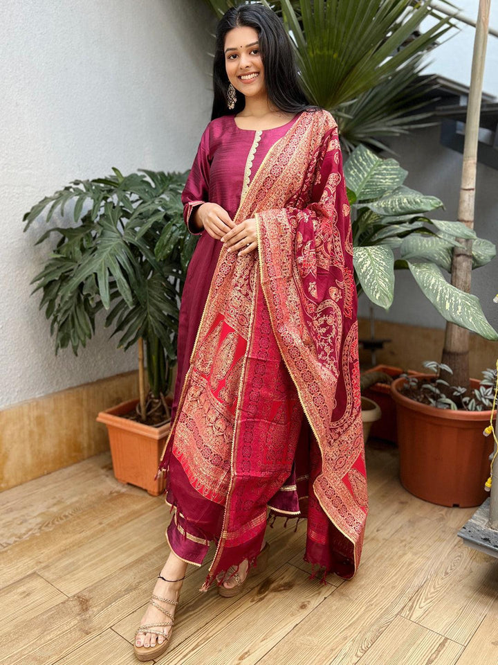 Maroon Solid Silk Blend Anarkali Suit Set With Palazzos - Libas