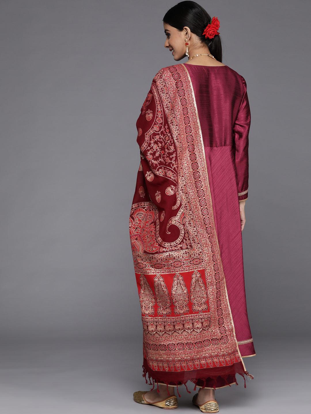 Maroon Solid Silk Blend Anarkali Suit Set With Palazzos - Libas