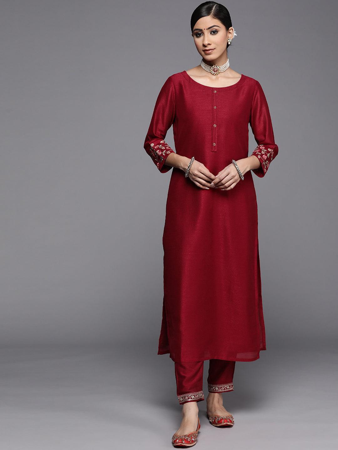 Maroon Solid Silk Kurta - ShopLibas
