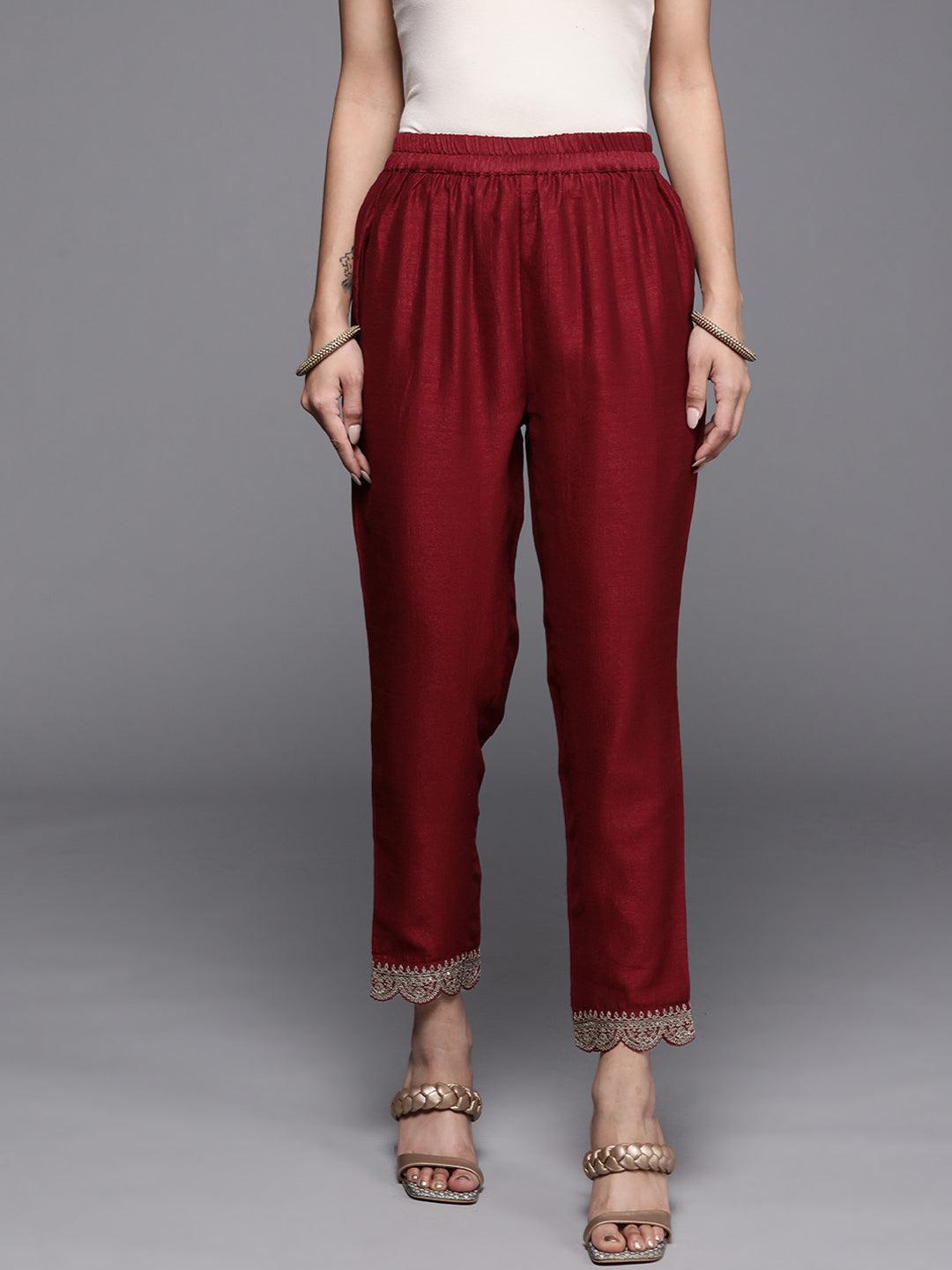 Maroon Solid Silk Trousers - ShopLibas
