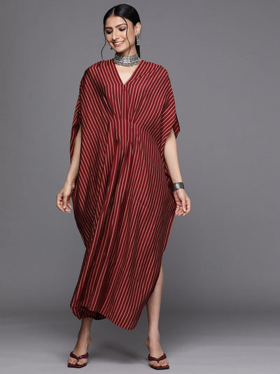 Maroon Striped Silk Dress - ShopLibas