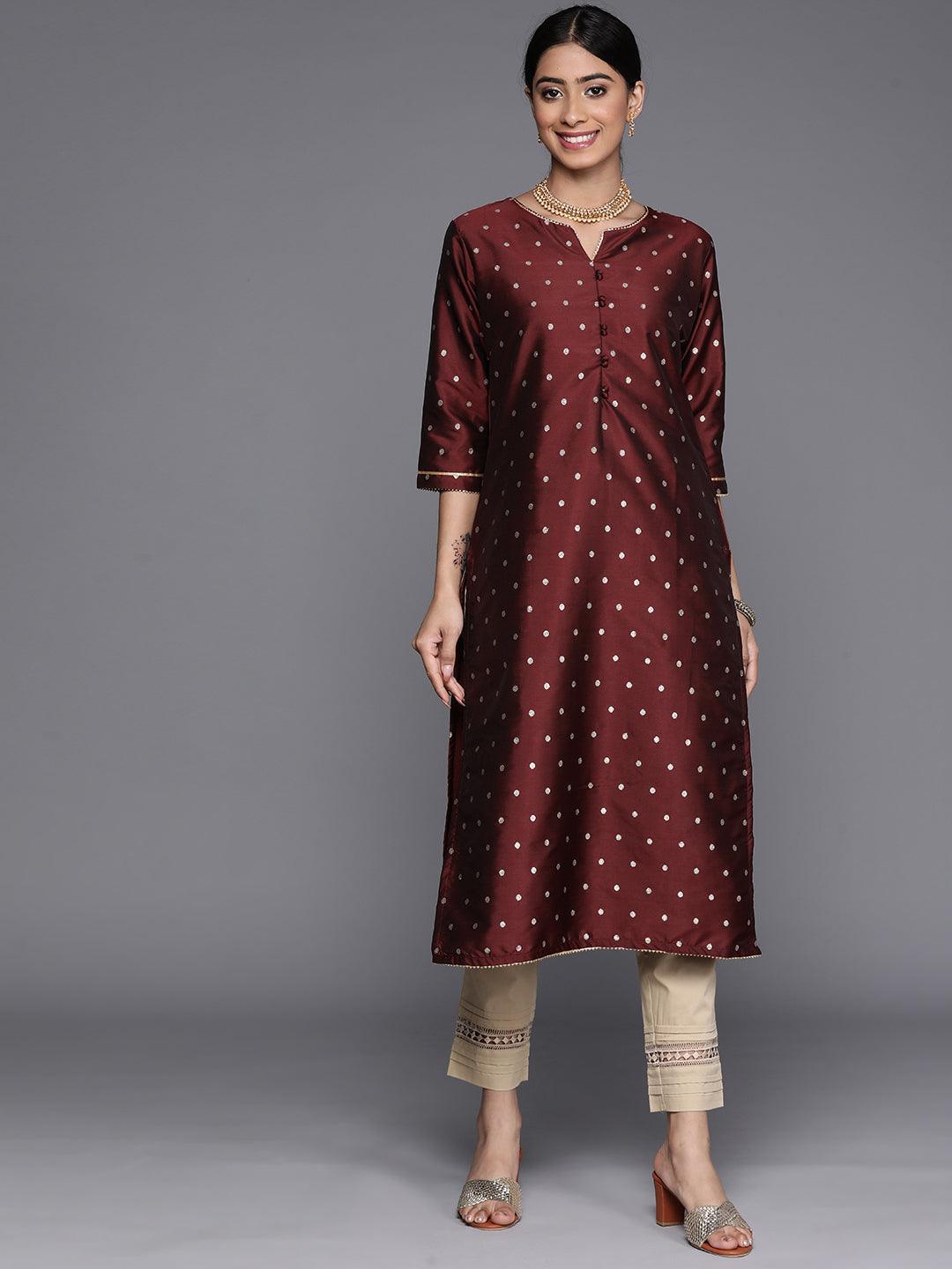 Maroon Woven Design Art Silk Straight Kurta - ShopLibas