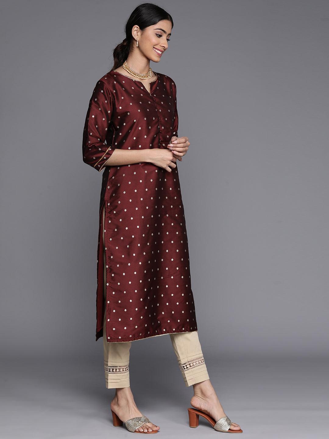 Maroon Woven Design Art Silk Straight Kurta - ShopLibas 