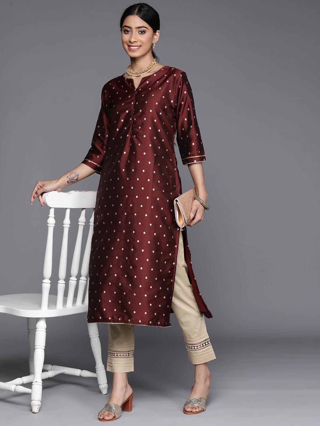 Maroon Woven Design Art Silk Straight Kurta - ShopLibas 