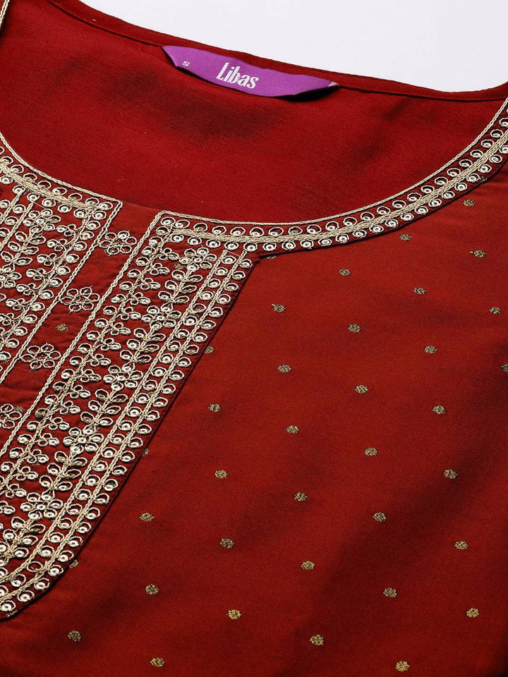 Maroon Woven Design Art Silk Straight Kurta