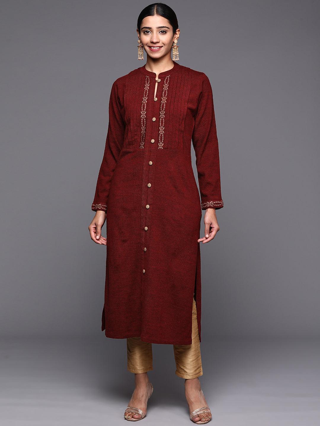 Maroon Woven Design Wool Straight Kurta - ShopLibas