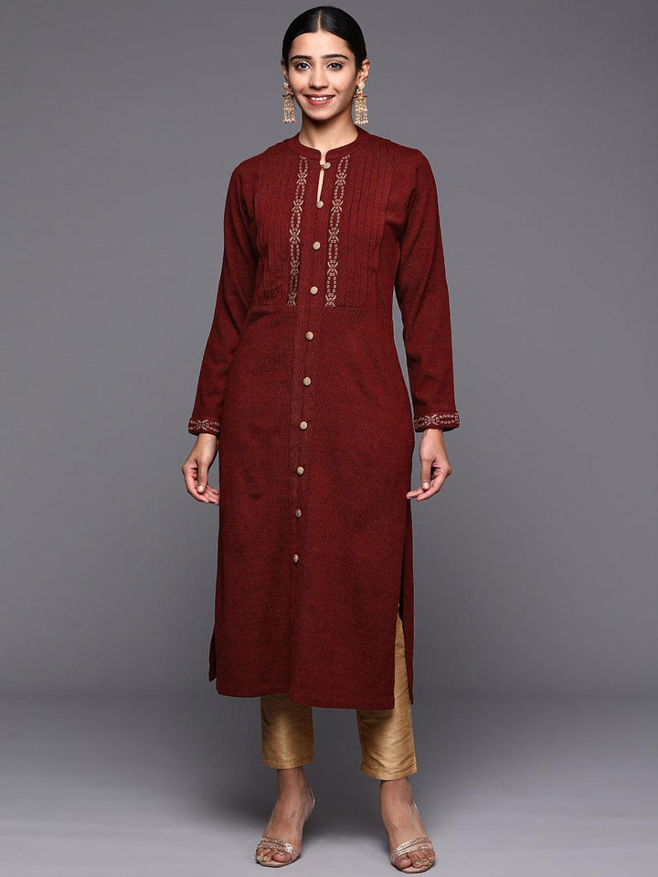 Maroon Woven Design Wool Straight Kurta - ShopLibas