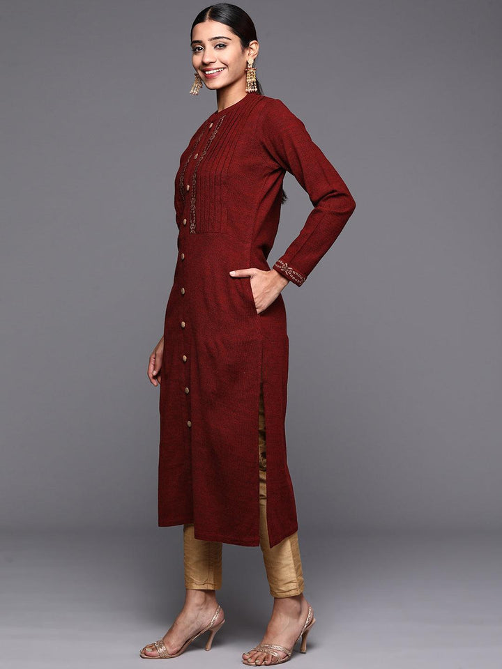 Maroon Woven Design Wool Straight Kurta - ShopLibas
