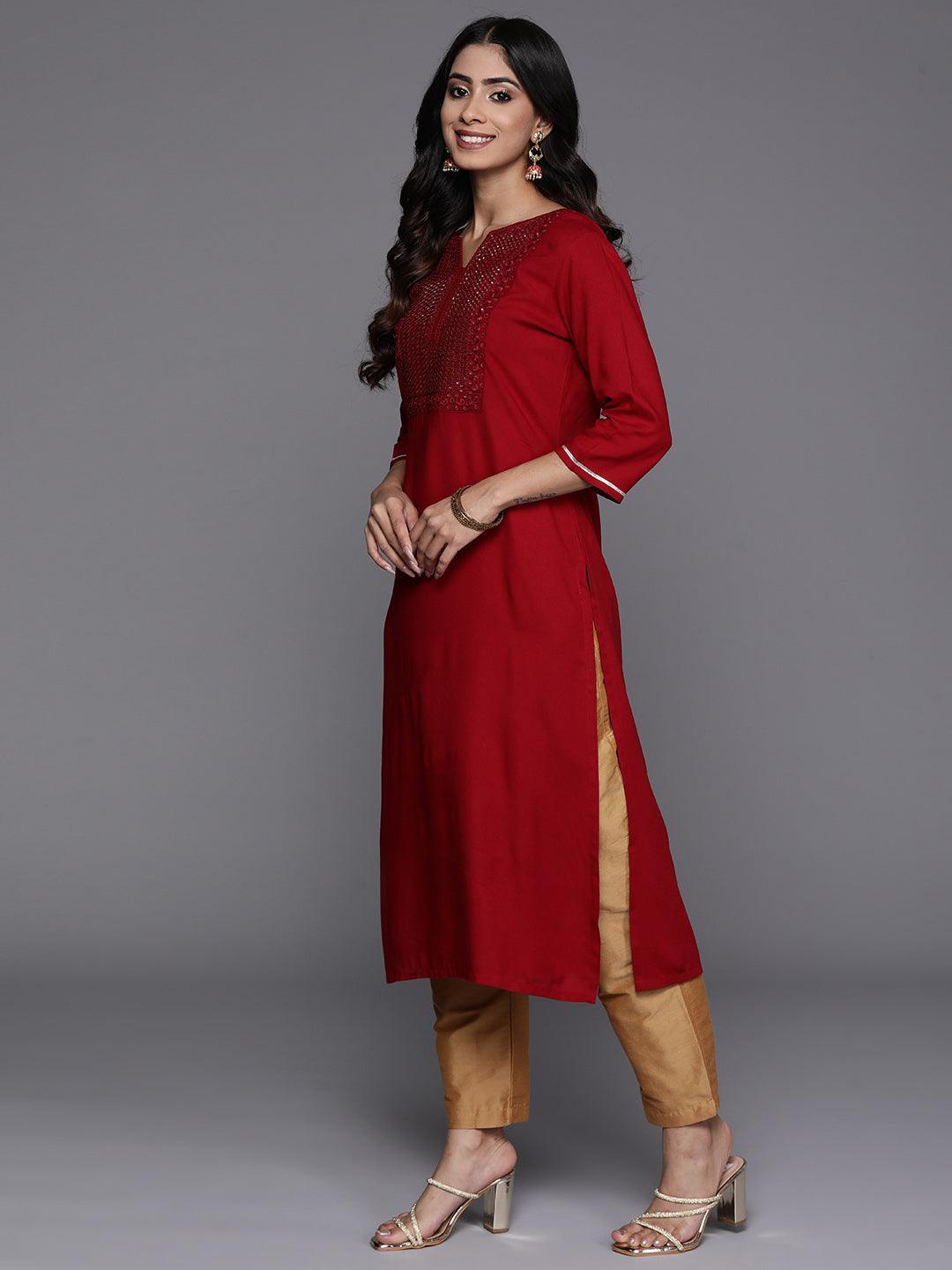 Maroon Yoke Design Rayon Straight Kurta - Libas 