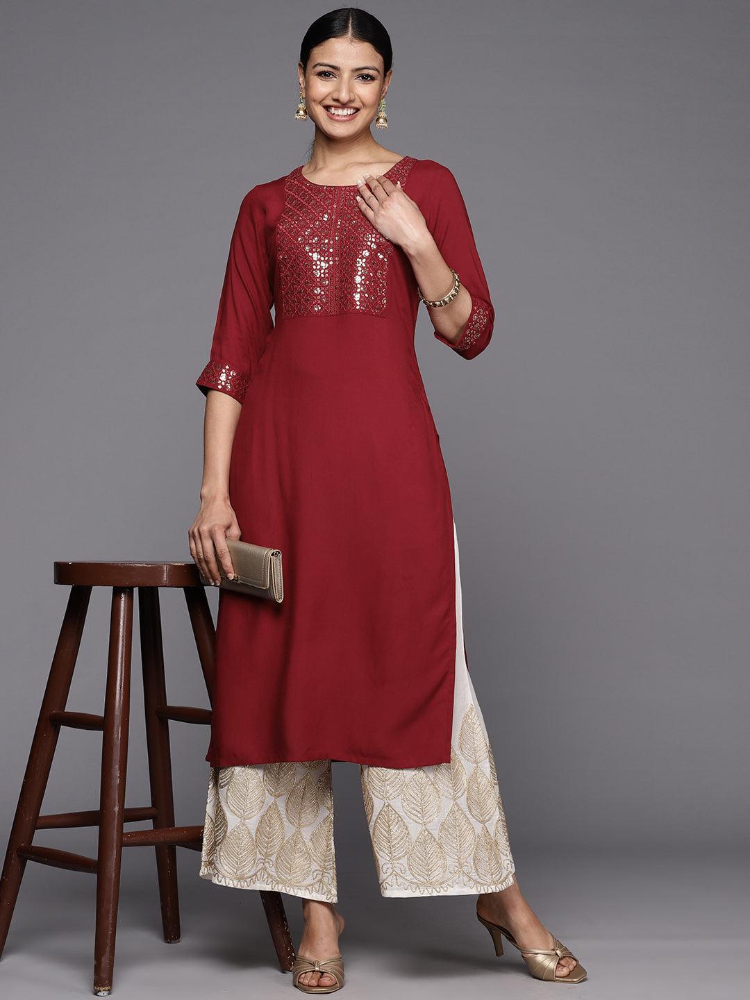 Maroon Printed Rayon Straight Kurta - ShopLibas 