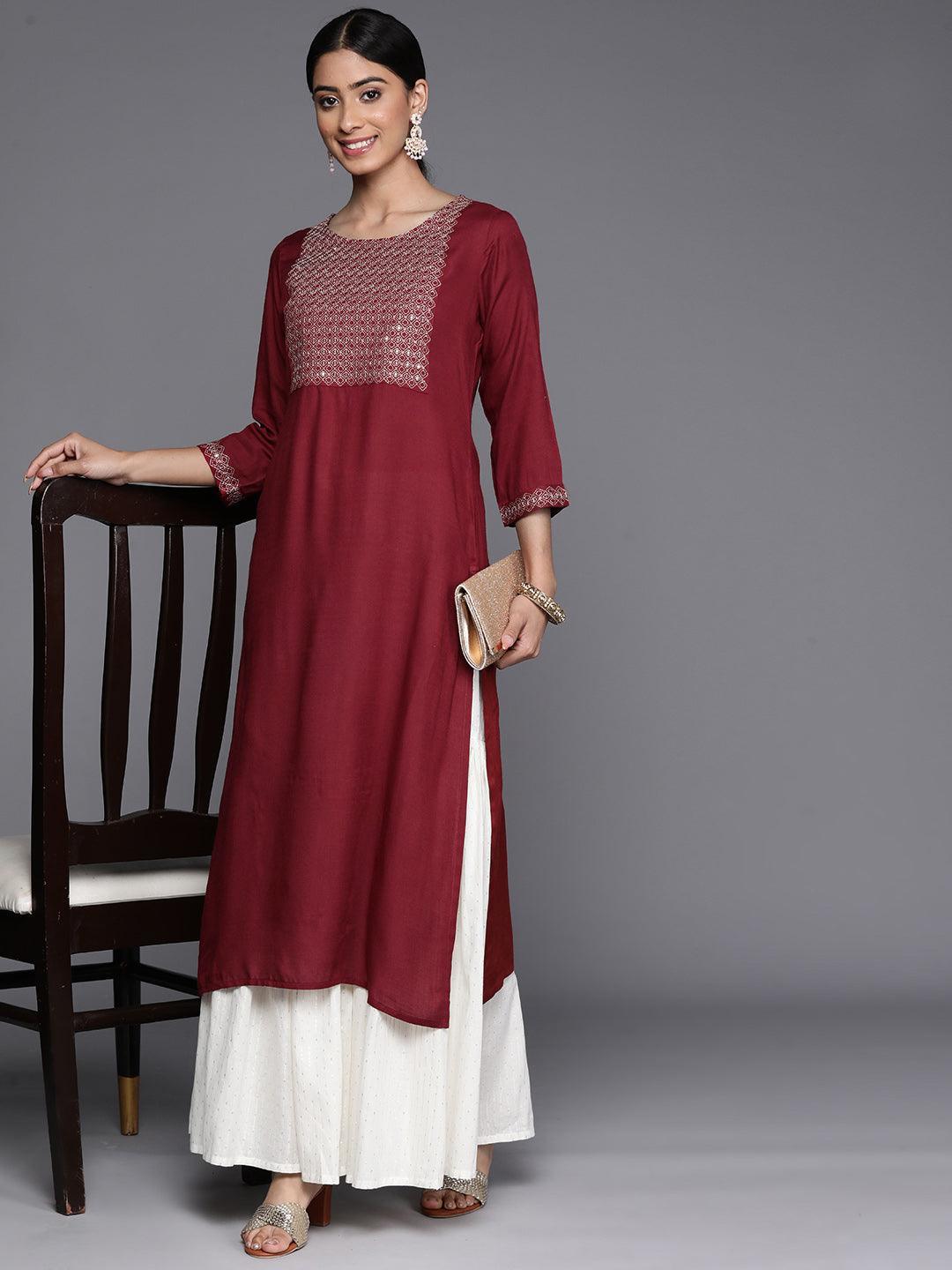Maroon Yoke Design Rayon Straight Kurta - Libas 