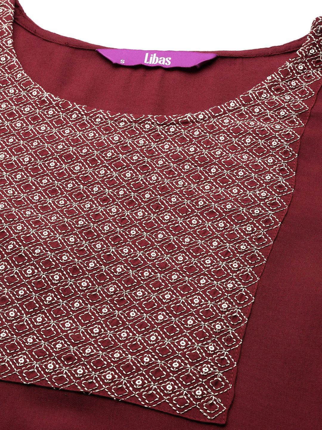 Maroon Yoke Design Rayon Straight Kurta - Libas 