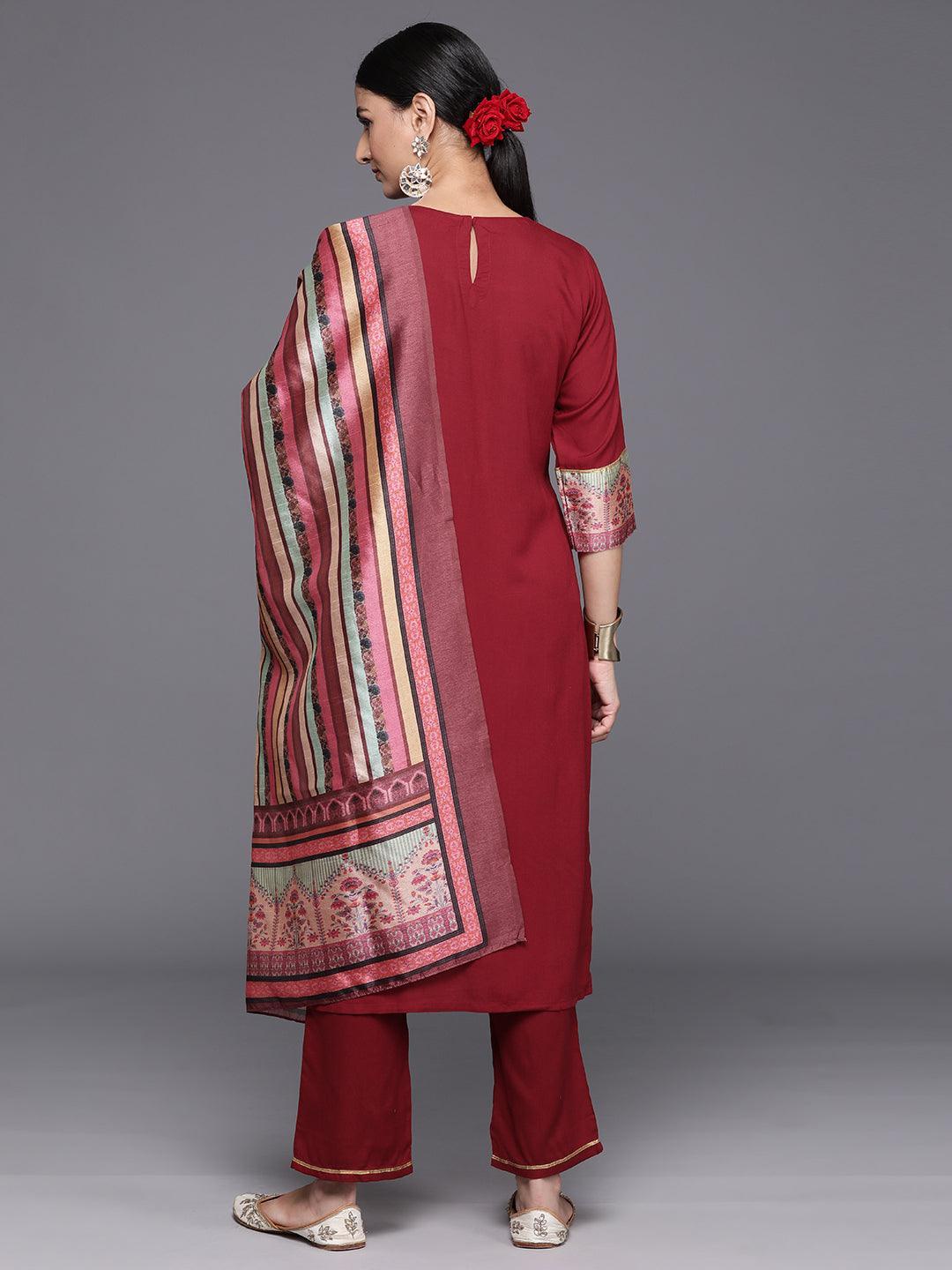 Maroon Yoke Design Rayon Straight Kurta With Trousers & Dupatta - Libas 