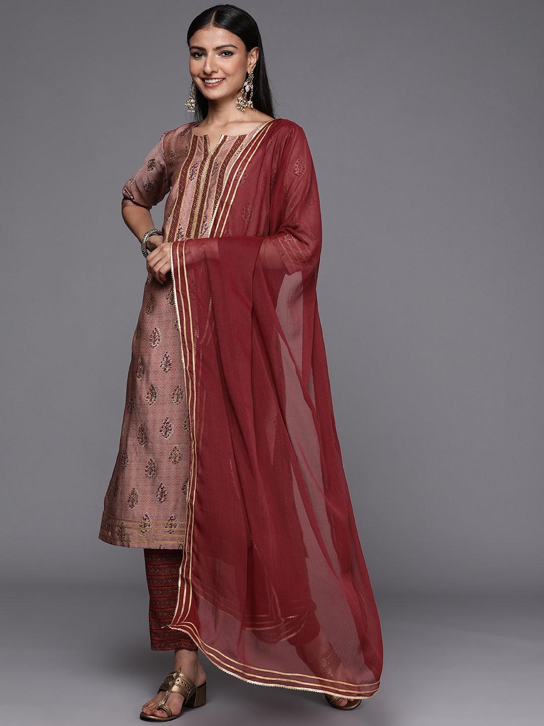 Maroon Yoke Design Silk Blend Straight Suit Set - ShopLibas