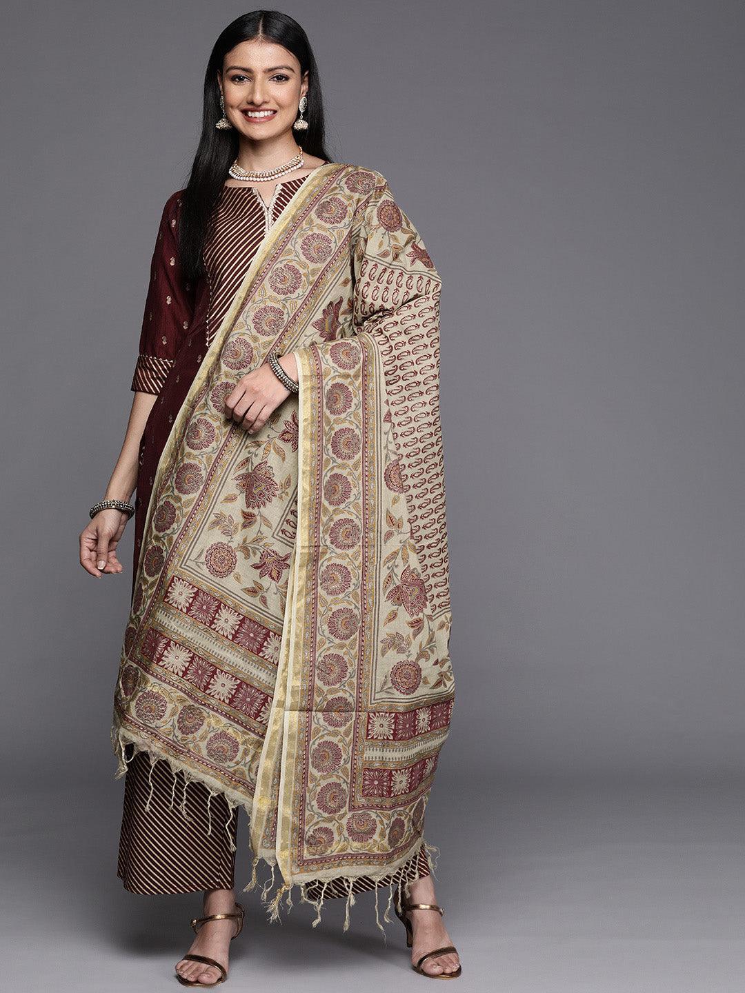Maroon Yoke Design Silk Blend Straight Suit Set - ShopLibas