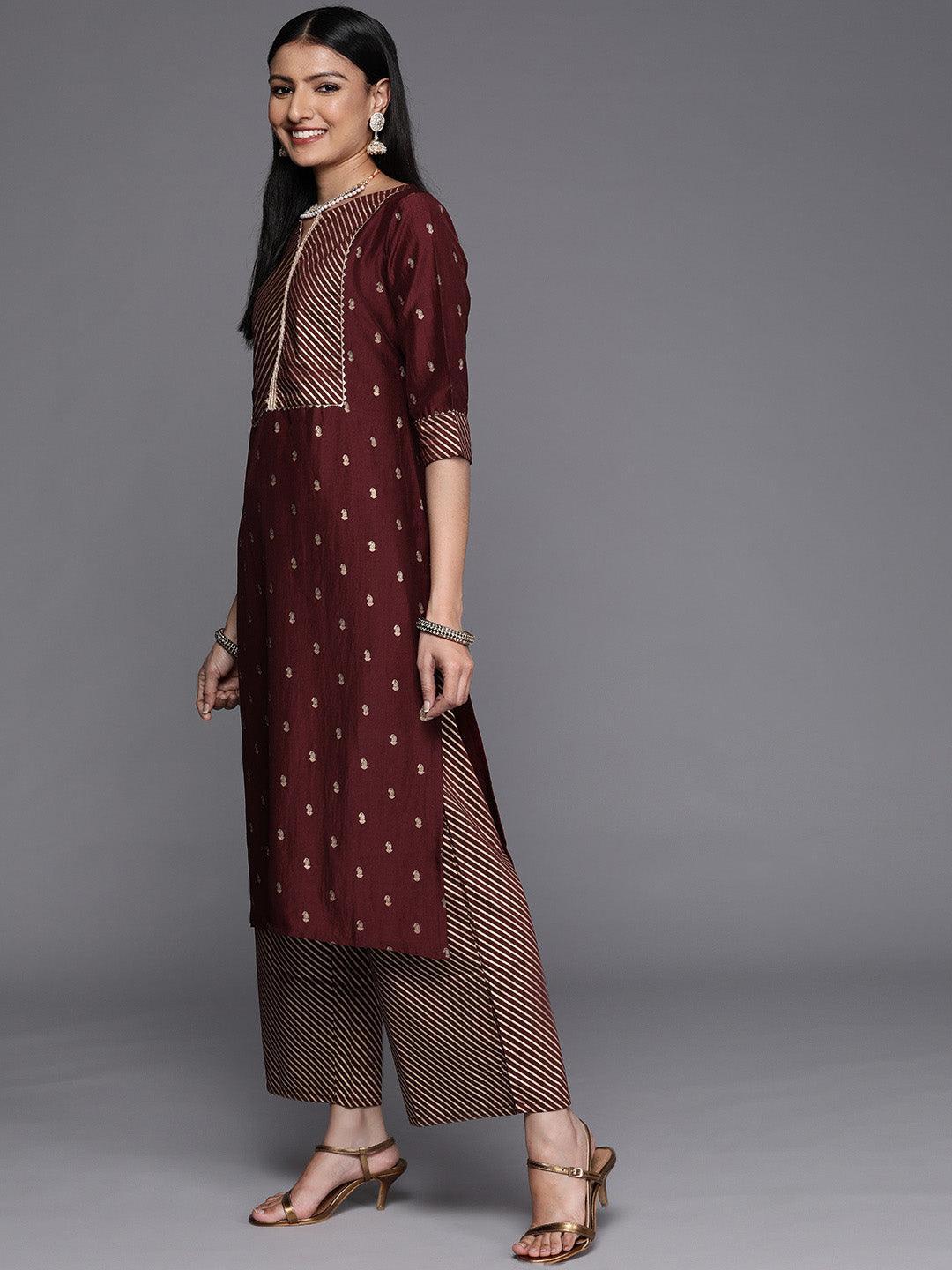 Maroon Yoke Design Silk Blend Straight Suit Set - ShopLibas