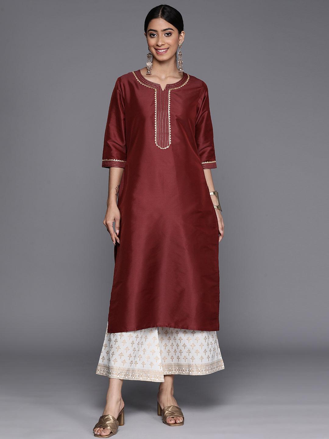 Maroon Yoke Design Silk Straight Kurta - ShopLibas