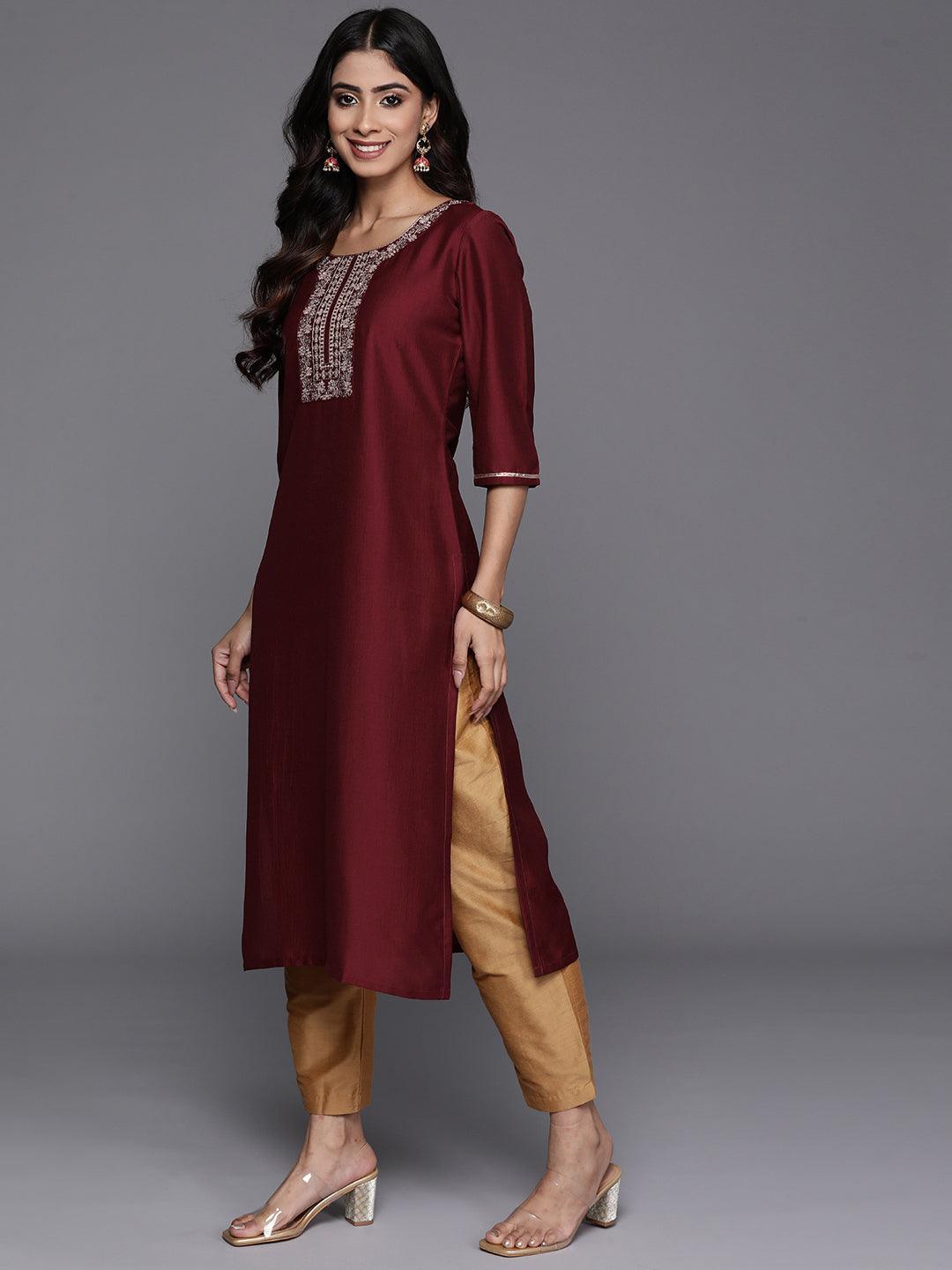Maroon Yoke Design Silk Straight Kurta - Libas 
