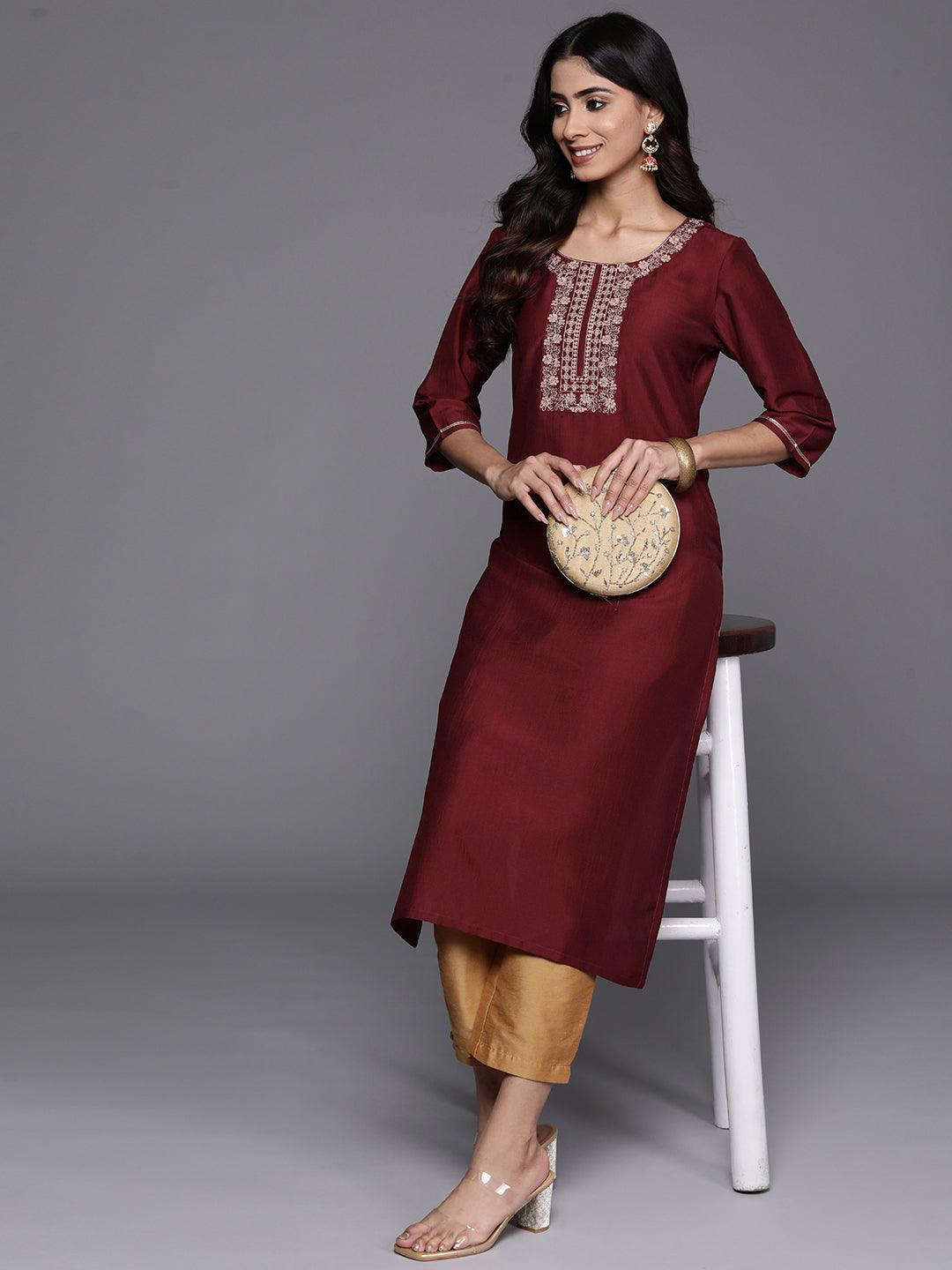 Maroon Yoke Design Silk Straight Kurta - Libas 