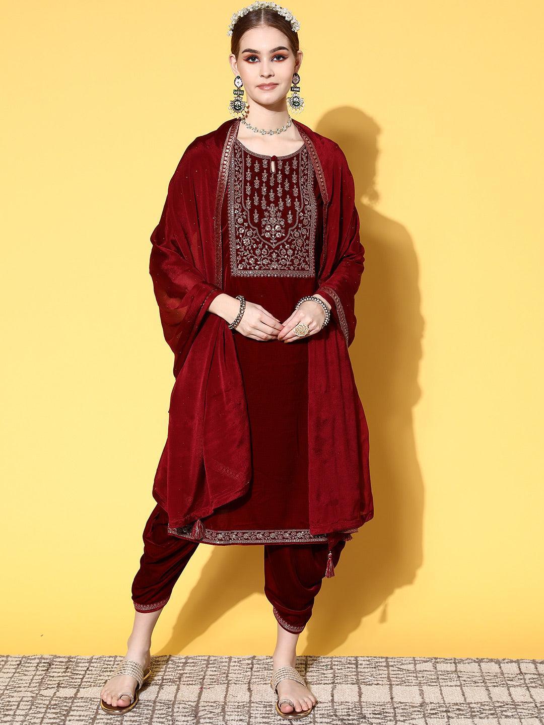 Maroon Yoke Design Velvet Straight Suit Set - ShopLibas