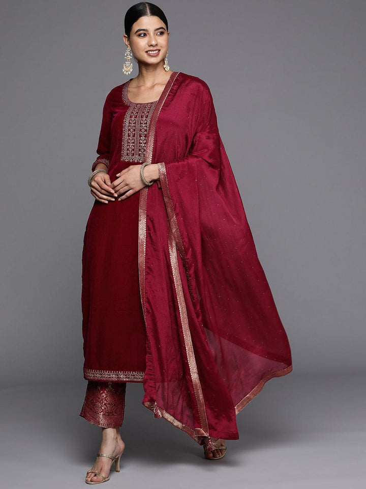 Maroon Yoke Design Velvet Straight Suit Set - ShopLibas