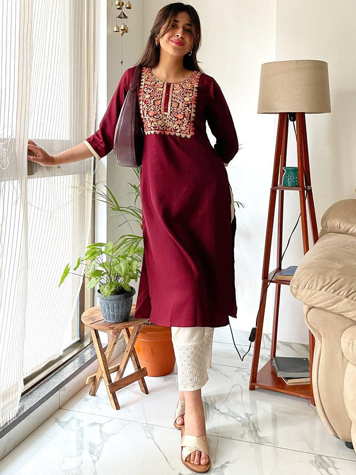 Maroon Yoke Design Wool Straight Kurta - ShopLibas