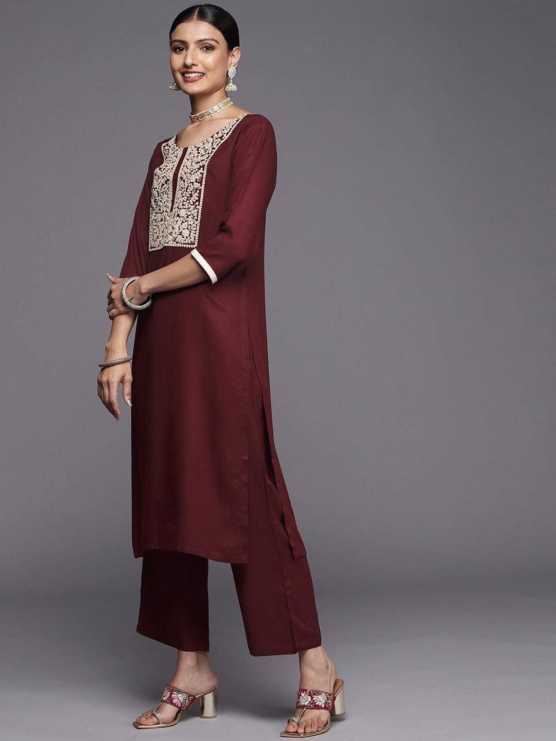 Maroon Yoke Design Wool Straight Kurta - ShopLibas 