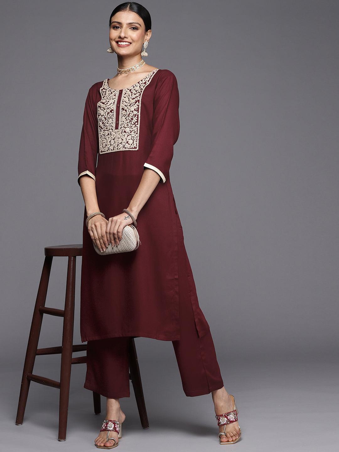 Maroon Yoke Design Wool Straight Kurta - ShopLibas 