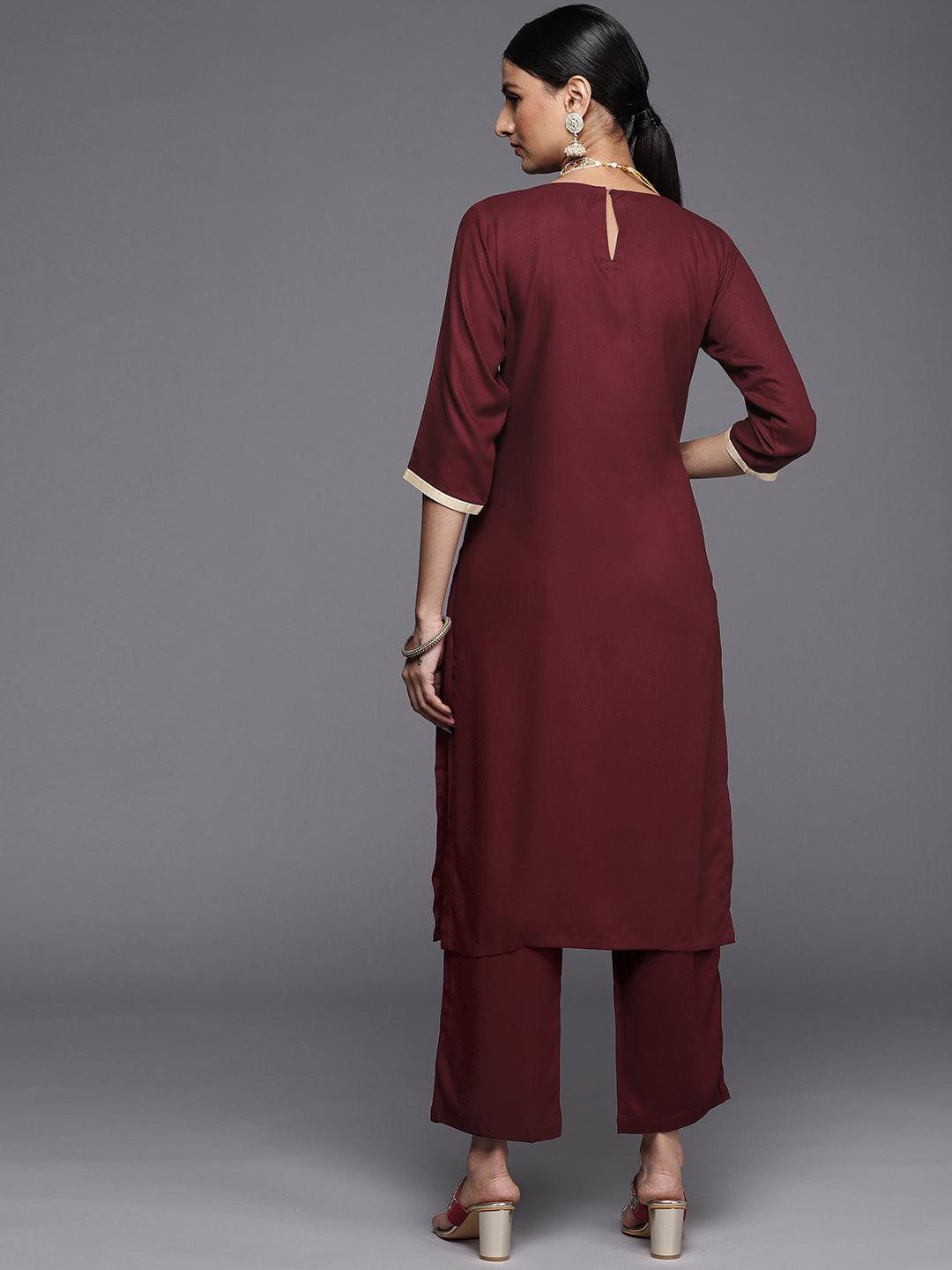 Maroon Yoke Design Wool Straight Kurta - ShopLibas 