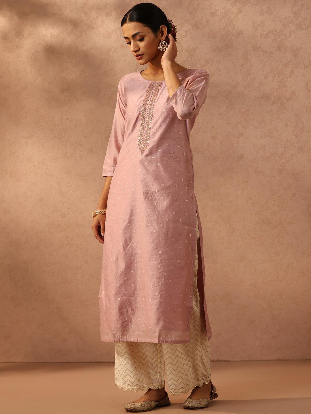 Mauve Embroidered Chanderi Silk Straight Kurta - ShopLibas