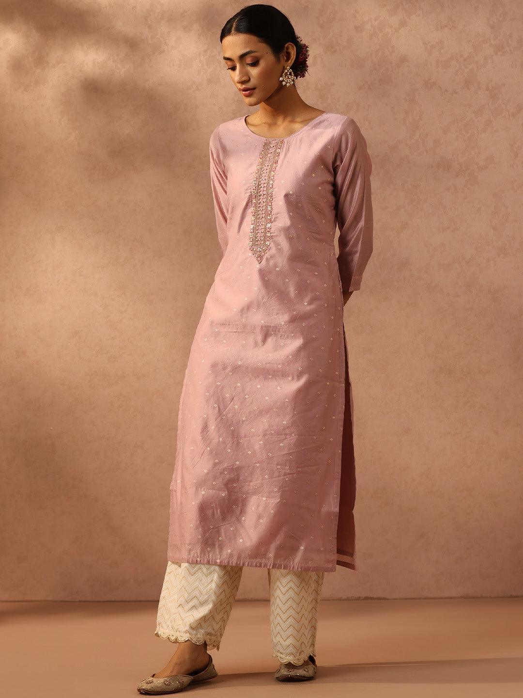 Mauve Embroidered Chanderi Silk Straight Kurta - ShopLibas 