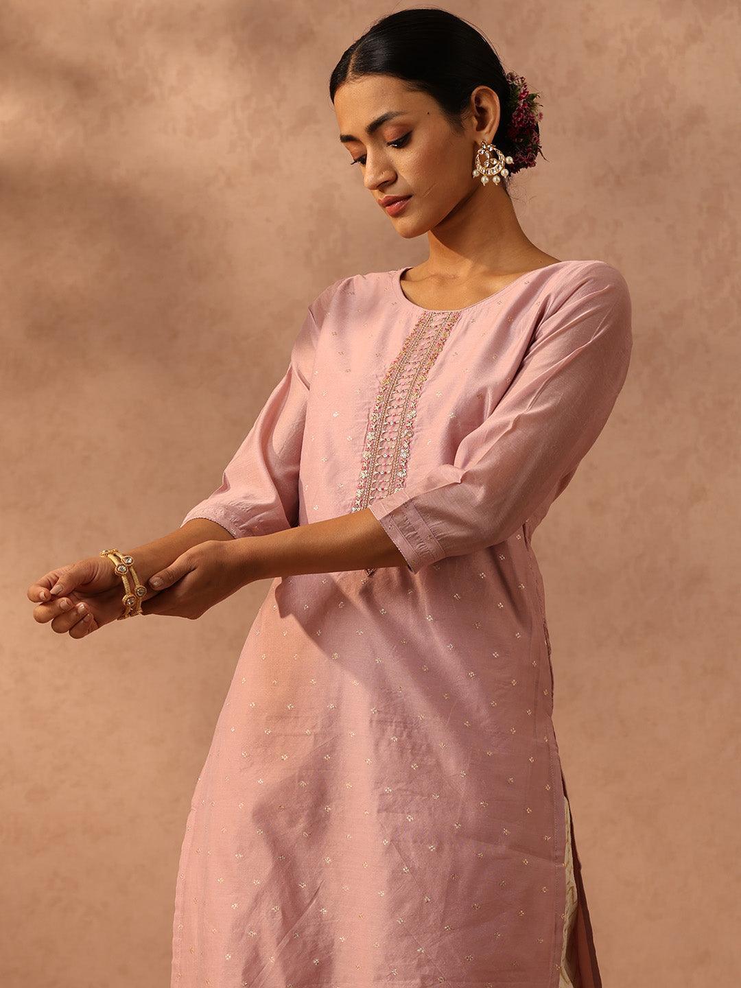 Mauve Embroidered Chanderi Silk Straight Kurta - ShopLibas 