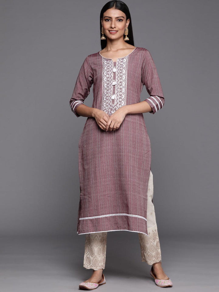 Mauve Embroidered Cotton Straight Kurta - ShopLibas