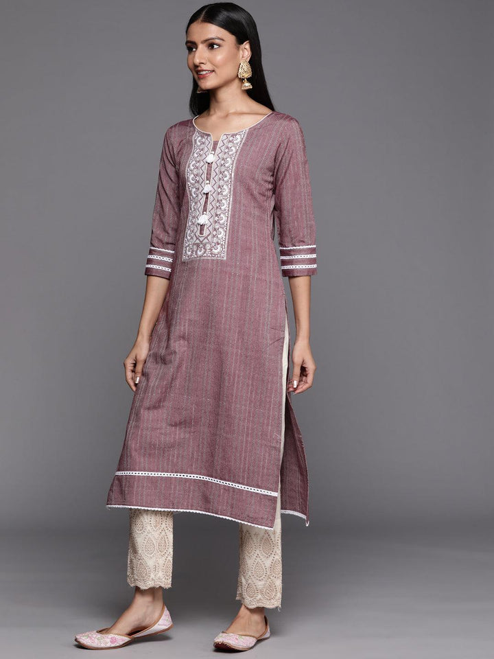 Mauve Embroidered Cotton Straight Kurta - ShopLibas
