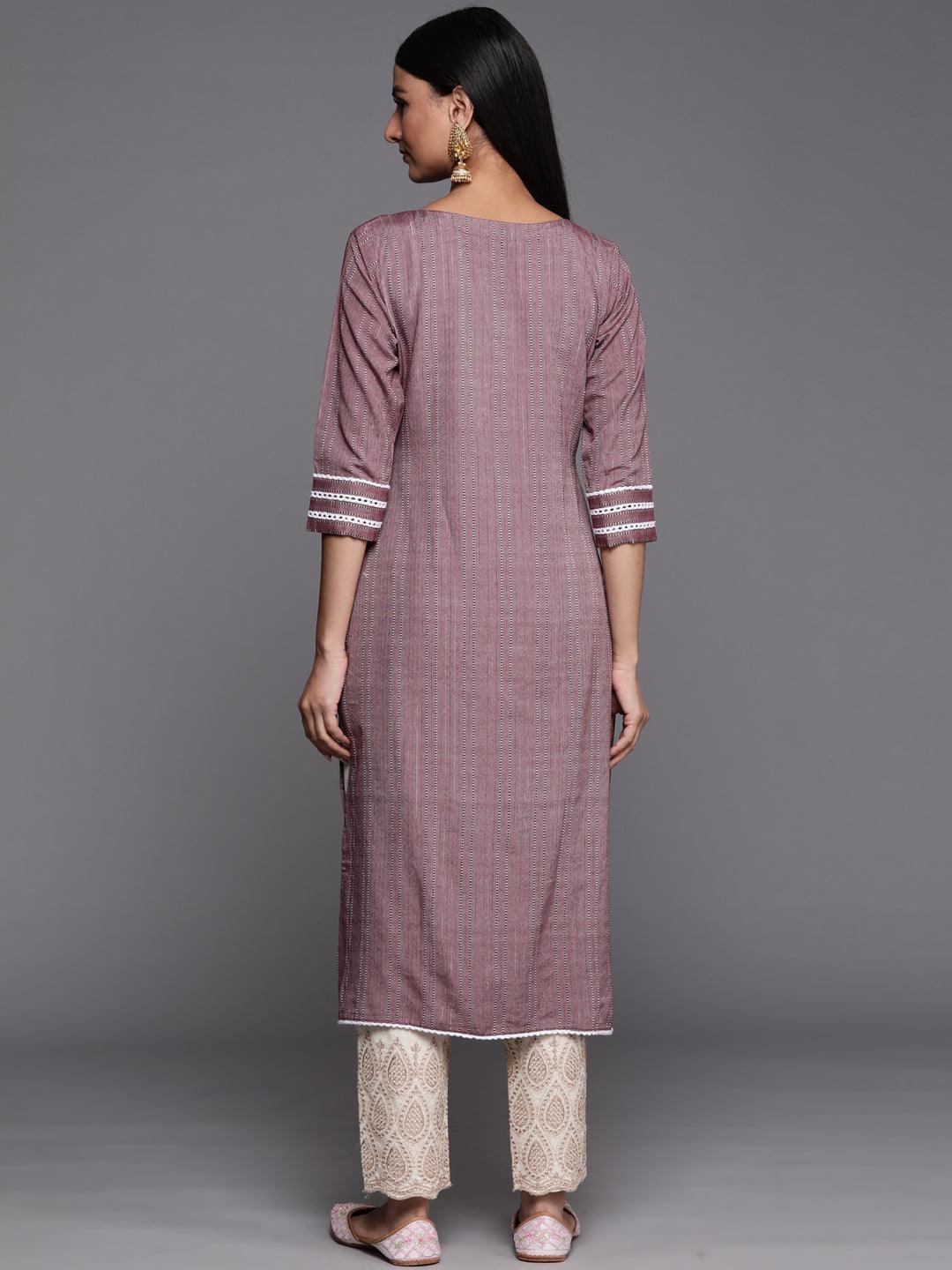 Mauve Embroidered Cotton Straight Kurta - ShopLibas