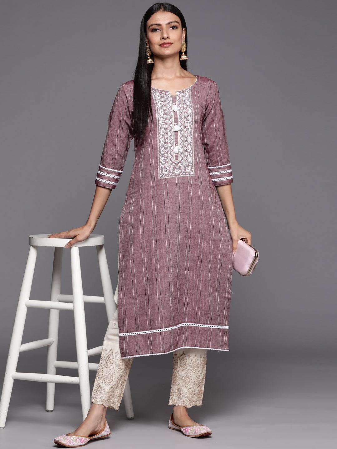 Mauve Embroidered Cotton Straight Kurta - ShopLibas