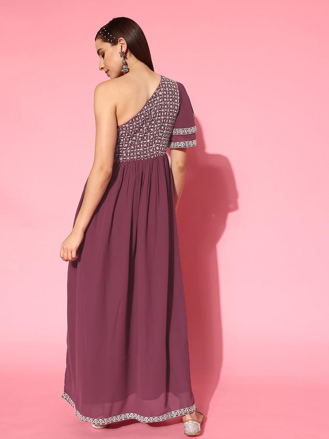 Mauve Embroidered Georgette Gown - Libas
