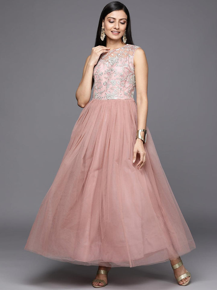 Mauve Embroidered Nylon Gown Dress - ShopLibas