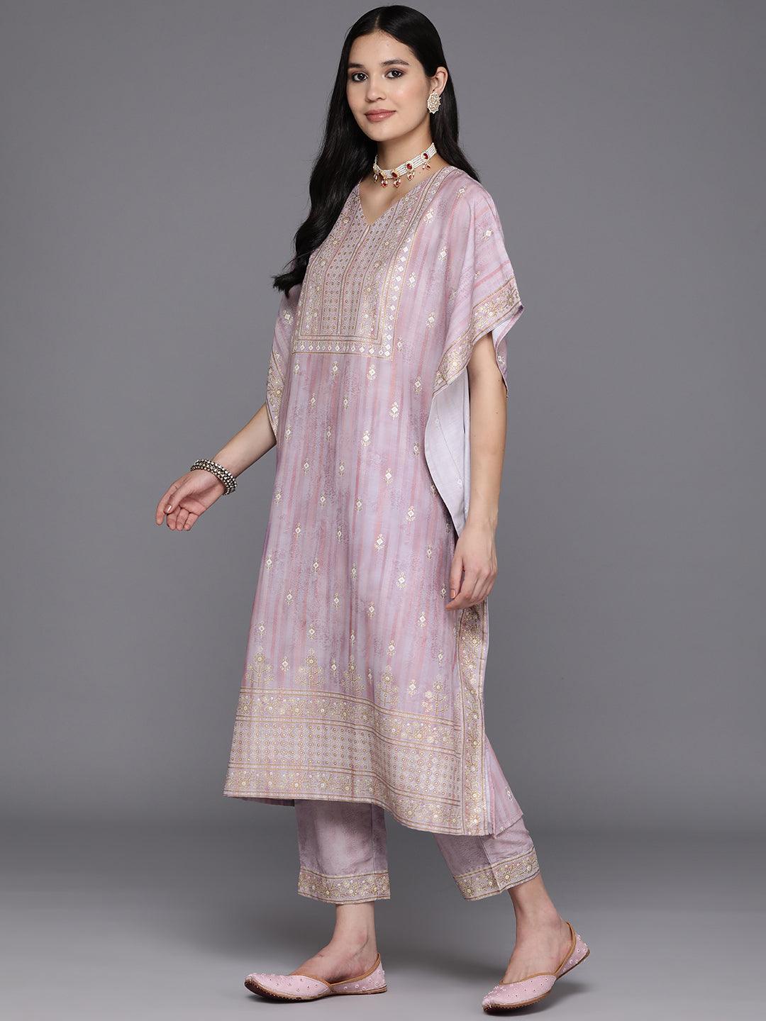 Mauve Printed Silk Blend Kaftan Kurta Set With Trousers - Libas 