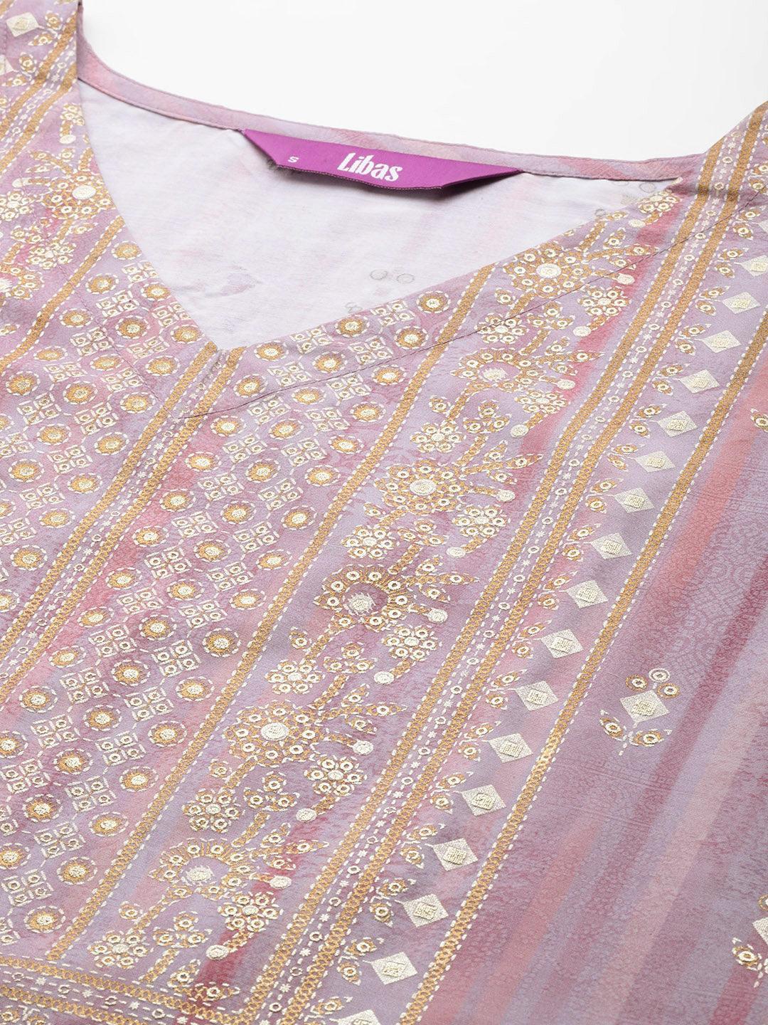 Mauve Printed Silk Blend Kaftan Kurta Set With Trousers - Libas 