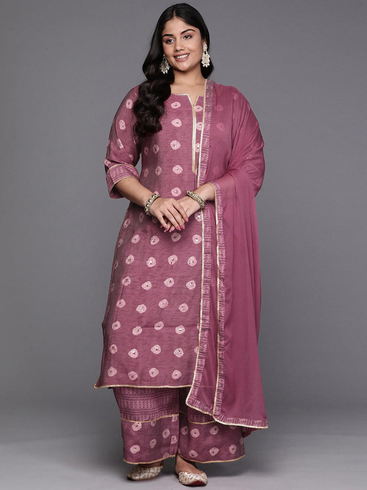 Mauve Printed Silk Blend Straight Kurta With Palazzos & Dupatta