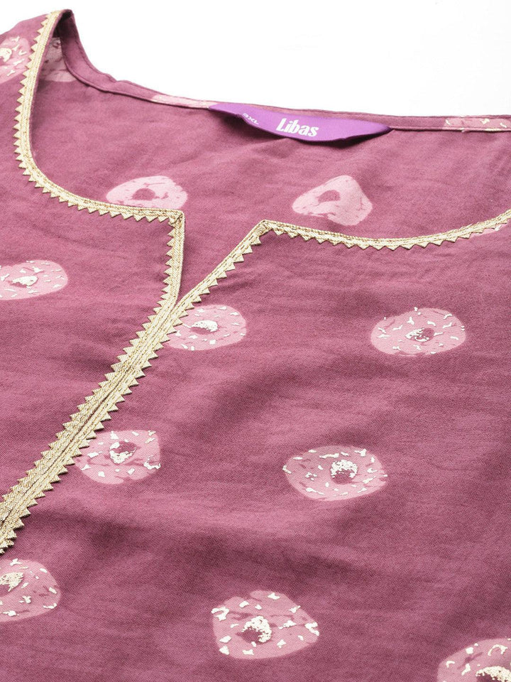 Mauve Printed Silk Blend Straight Kurta With Palazzos & Dupatta