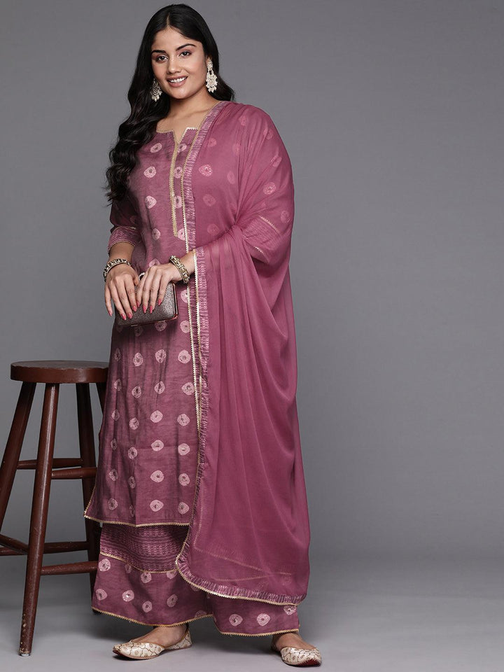 Mauve Printed Silk Blend Straight Kurta With Palazzos & Dupatta